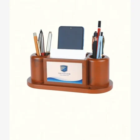 Classic Dual-Column Wooden Desk Station with Smartphone Cradle