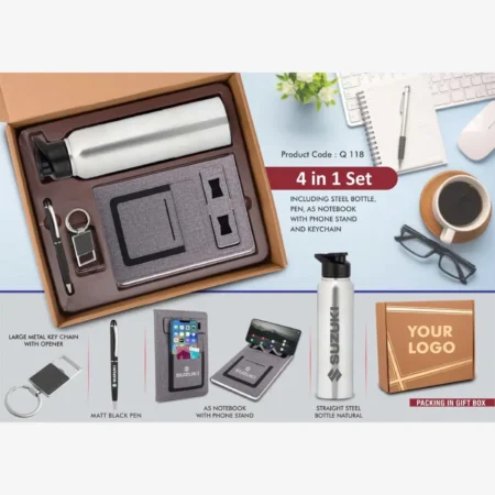 Gray gift set with keychain, pen, bottle, notebook, corporate.