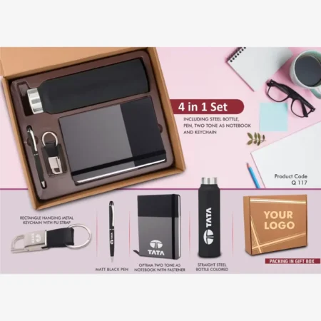 Dual tone gift set with keychain, pen, bottle, notebook corporate.