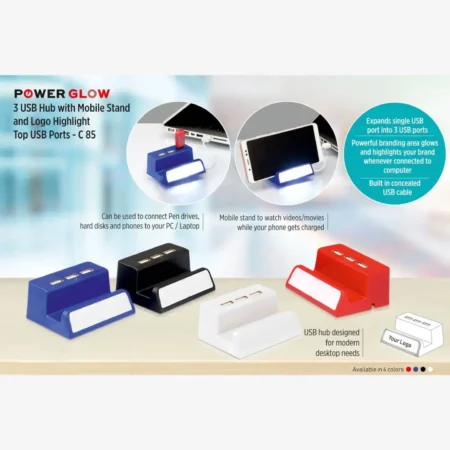 Power Glow 3 USB HUB with Mobile Stand and Logo Highlight Top USB Ports