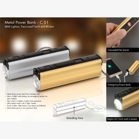 Metal Power bank with Lighter, two level Torch and blinker