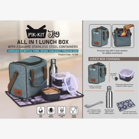 PIK-KIT Joy: All in 1 Lunch box with 3 Square Stainless Steel