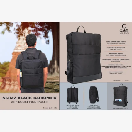 Slimz black backpack with double front pocket