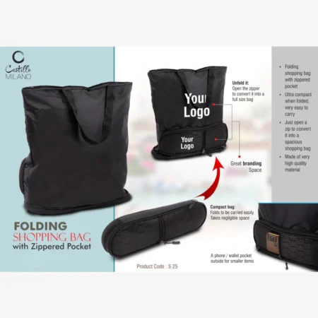Folding shopping bag with Zippered pocket | Phone, wallet pocket outside