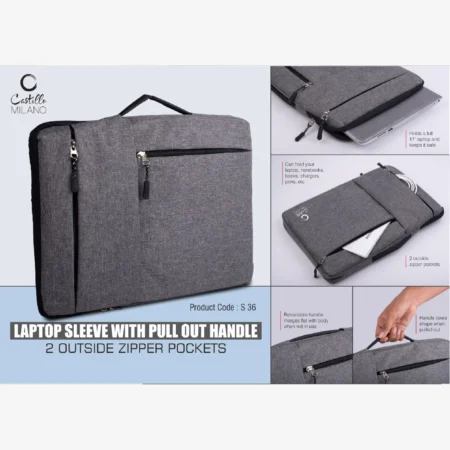 Laptop Sleeve with pull out handle | 2 outside zipper pockets