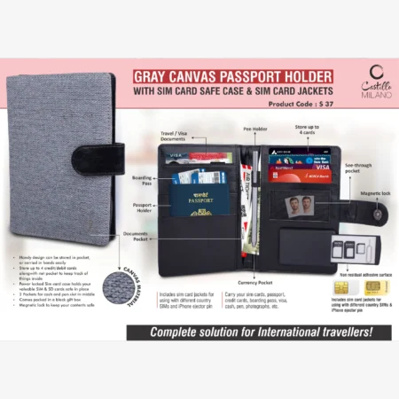 Gray Canvas Passport holder with Sim Card Safe Case & Sim Card Jackets
