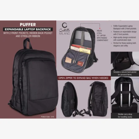 Expandable laptop backpack bag with 2 front pockets, hidden back pocket and Stroller ribbon